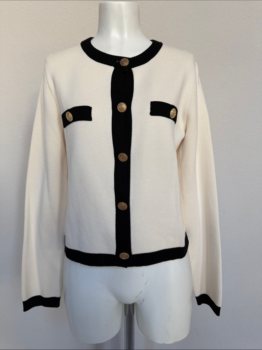 Mango Cream Cardigan Jacket with Black Trim